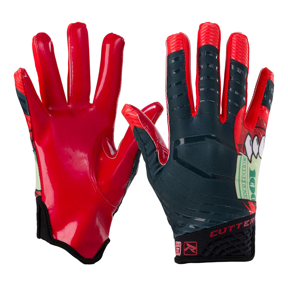 Cutters Sports Money Mouth Rev 5.0 Limited-Edition Youth Football Receiver Gloves - Black/Red - Front & Back of Hand