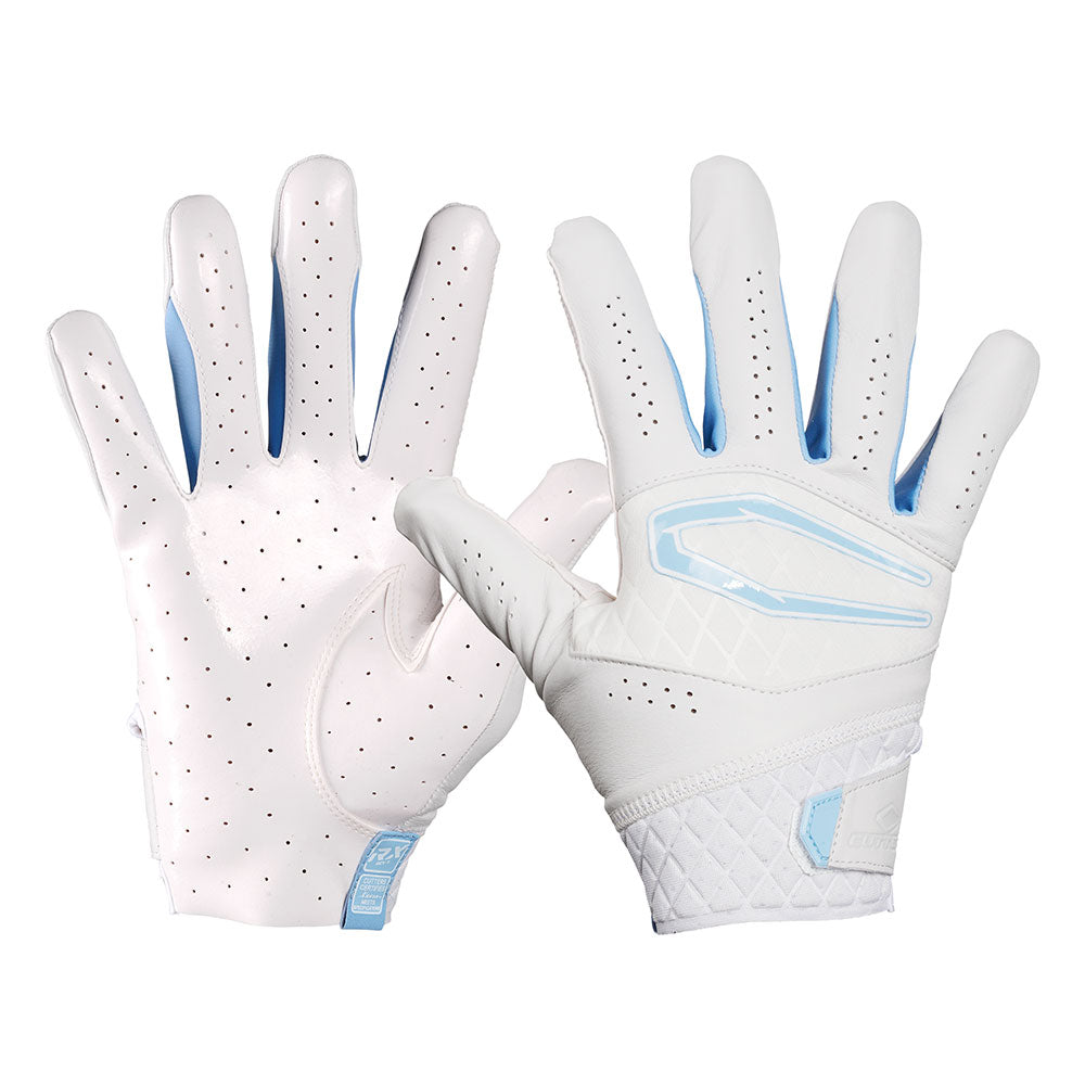 Cutters Rev X Elite Receiver Gloves - White/Columbia Blue - Front & Back for Glove