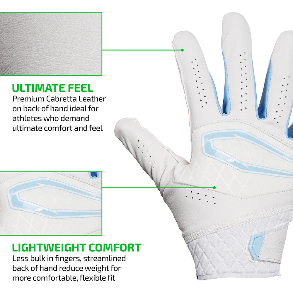 ULTIMATE FEEL - Premium Cabretta Leather on back of hand ideal for athletes who demand ultimate comfort and feel;
LIGHTWEIGHT COMFORT - Less bulk in fingers, streamlined back of hand reduce weight for more comfortable, flexible fit