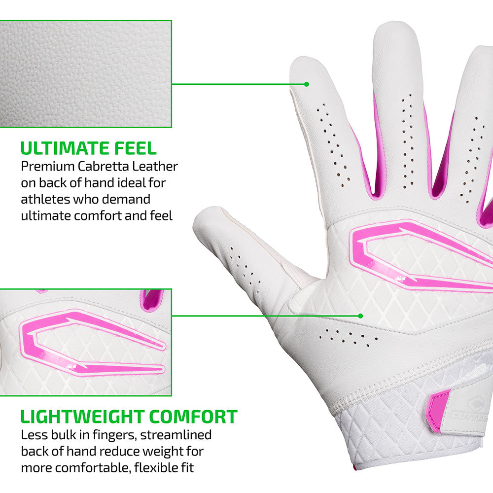 ULTIMATE FEEL - Premium Cabretta Leather on back of hand ideal for athletes who demand ultimate comfort and feel;
LIGHTWEIGHT COMFORT - Less bulk in fingers, streamlined back of hand reduce weight for more comfortable, flexible fit