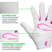 ULTIMATE FEEL - Premium Cabretta Leather on back of hand ideal for athletes who demand ultimate comfort and feel;
LIGHTWEIGHT COMFORT - Less bulk in fingers, streamlined back of hand reduce weight for more comfortable, flexible fit