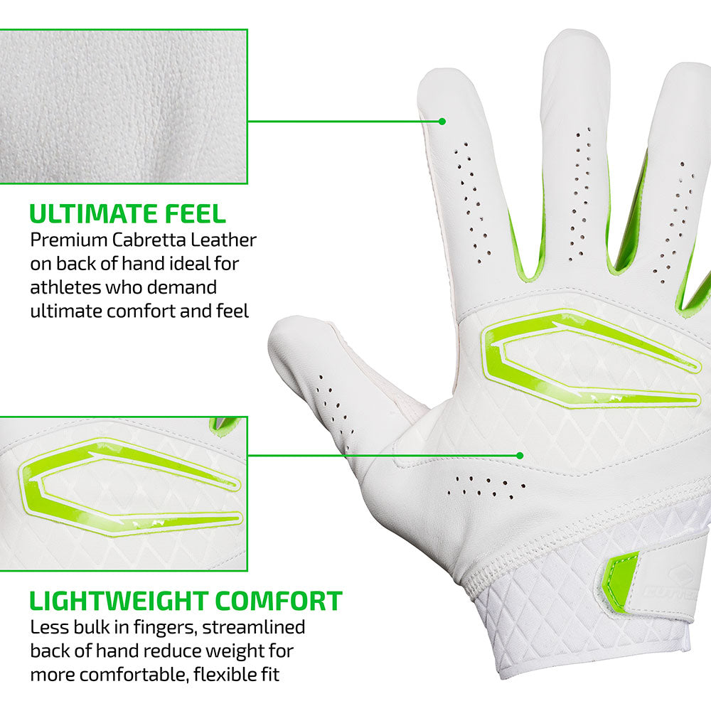 ULTIMATE FEEL - Premium Cabretta Leather on back of hand ideal for athletes who demand ultimate comfort and feel;
LIGHTWEIGHT COMFORT - Less bulk in fingers, streamlined back of hand reduce weight for more comfortable, flexible fit