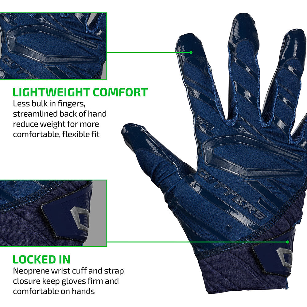 Rev Pro 6.0 (Navy Blue) Tech Features 1) LIGHTWEIGHT COMFORT: Less bulk in fingers, streamlined back of hand reduce weight for more comfortable, flexible fit. 2) LOCKED IN: Neoprene wrist cuff and strap closure keep gloves firm and comfortable on hands.