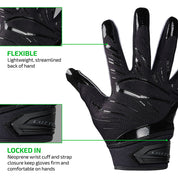 FLEXIBLE - Lightweight, streamlined back of hand;
LOCKED IN - Neoprene wrist cuff and strap closure keep gloves firm and comfortable on hands