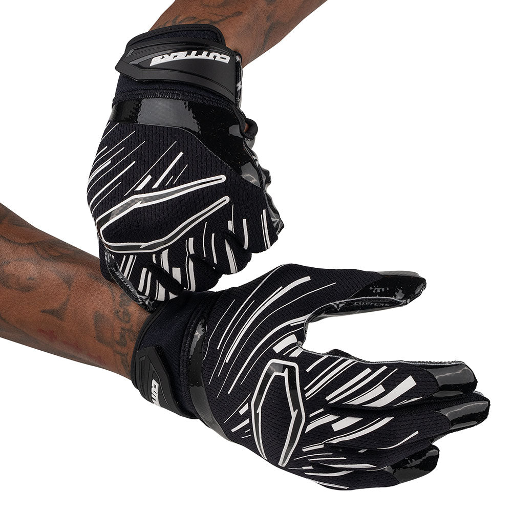 Cutters Sports Game Day Pro LE Receiver Football Gloves - Black/White Lux - Football Player Tightening Straps for Better Fit
