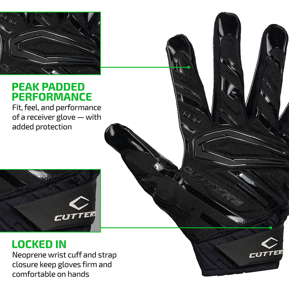 PEAK PADDED PERFORMANCE - Fit, feel, and performance of a receiver glove - with added protection;
LOCKED IN - Neoprene wrist cuff and strap closure keep gloves firm and comfortable on hands