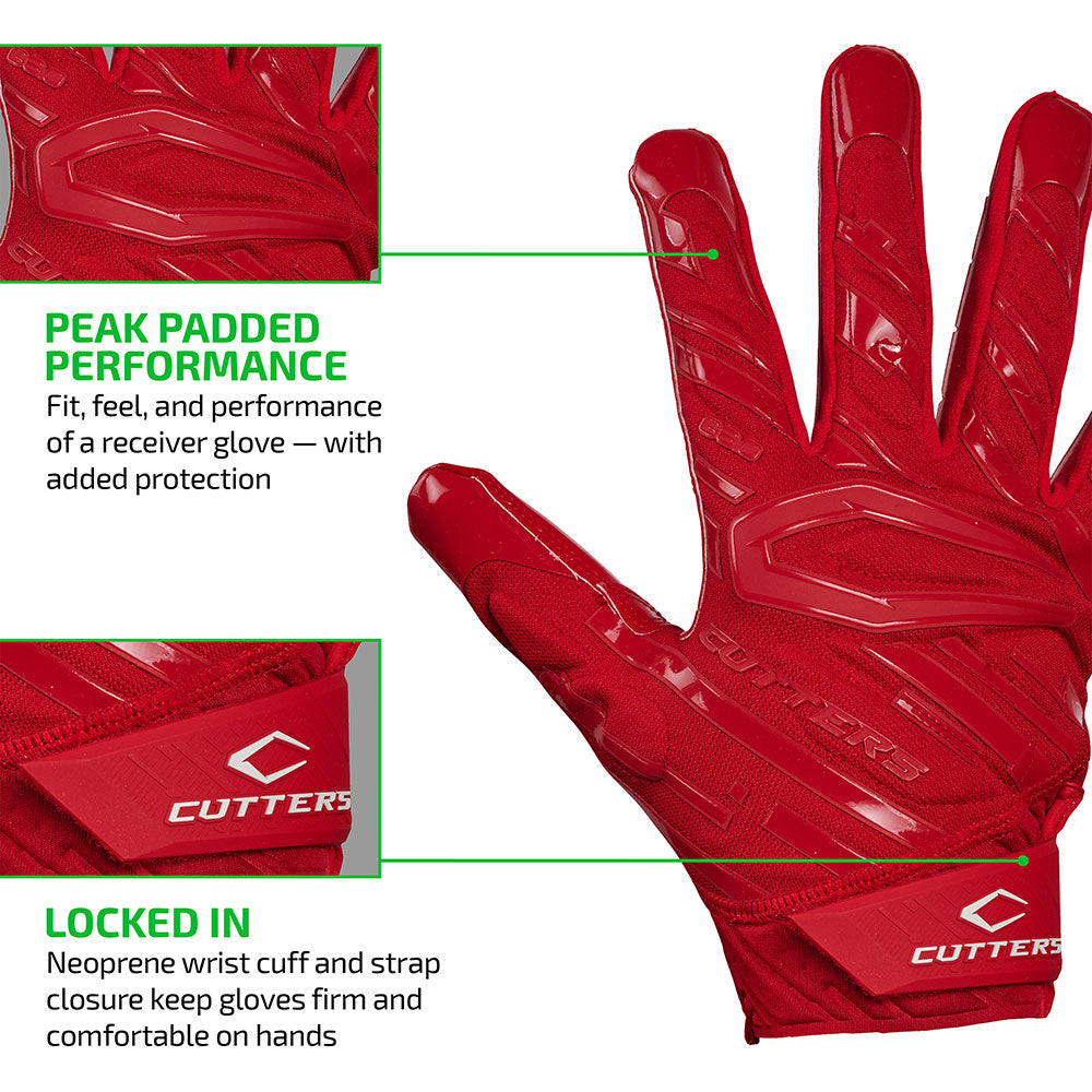 PEAK PADDED PERFORMANCE - Fit, feel, and performance of a receiver glove - with added protection;
LOCKED IN - Neoprene wrist cuff and strap closure keep gloves firm and comfortable on hands