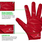 PEAK PADDED PERFORMANCE - Fit, feel, and performance of a receiver glove - with added protection;
LOCKED IN - Neoprene wrist cuff and strap closure keep gloves firm and comfortable on hands