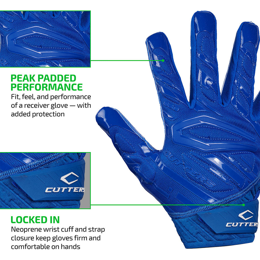 PEAK PADDED PERFORMANCE - Fit, feel, and performance of a receiver glove - with added protection;
LOCKED IN - Neoprene wrist cuff and strap closure keep gloves firm and comfortable on hands