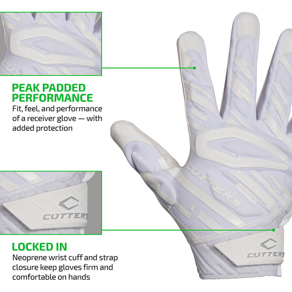 PEAK PADDED PERFORMANCE - Fit, feel, and performance of a receiver glove - with added protection;
LOCKED IN - Neoprene wrist cuff and strap closure keep gloves firm and comfortable on hands