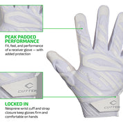 PEAK PADDED PERFORMANCE - Fit, feel, and performance of a receiver glove - with added protection;
LOCKED IN - Neoprene wrist cuff and strap closure keep gloves firm and comfortable on hands