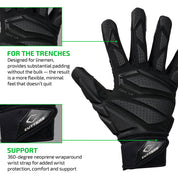 FOR THE TRENCHES - Designed for linemen, provides substantial padding without the bulk — the result is a more flexible, minimal feel that doesn't quit;
SUPPORT - 360-degree neoprene wraparound wrist strap for added wrist protection, comfort and support