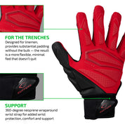 FOR THE TRENCHES - Designed for linemen, provides substantial padding without the bulk — the result is a more flexible, minimal feel that doesn't quit;
SUPPORT - 360-degree neoprene wraparound wrist strap for added wrist protection, comfort and support