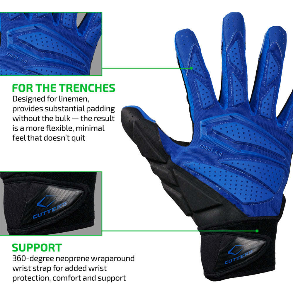 FOR THE TRENCHES - Designed for linemen, provides substantial padding without the bulk — the result is a more flexible, minimal feel that doesn't quit;
SUPPORT - 360-degree neoprene wraparound wrist strap for added wrist protection, comfort and support