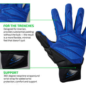 FOR THE TRENCHES - Designed for linemen, provides substantial padding without the bulk — the result is a more flexible, minimal feel that doesn't quit;
SUPPORT - 360-degree neoprene wraparound wrist strap for added wrist protection, comfort and support