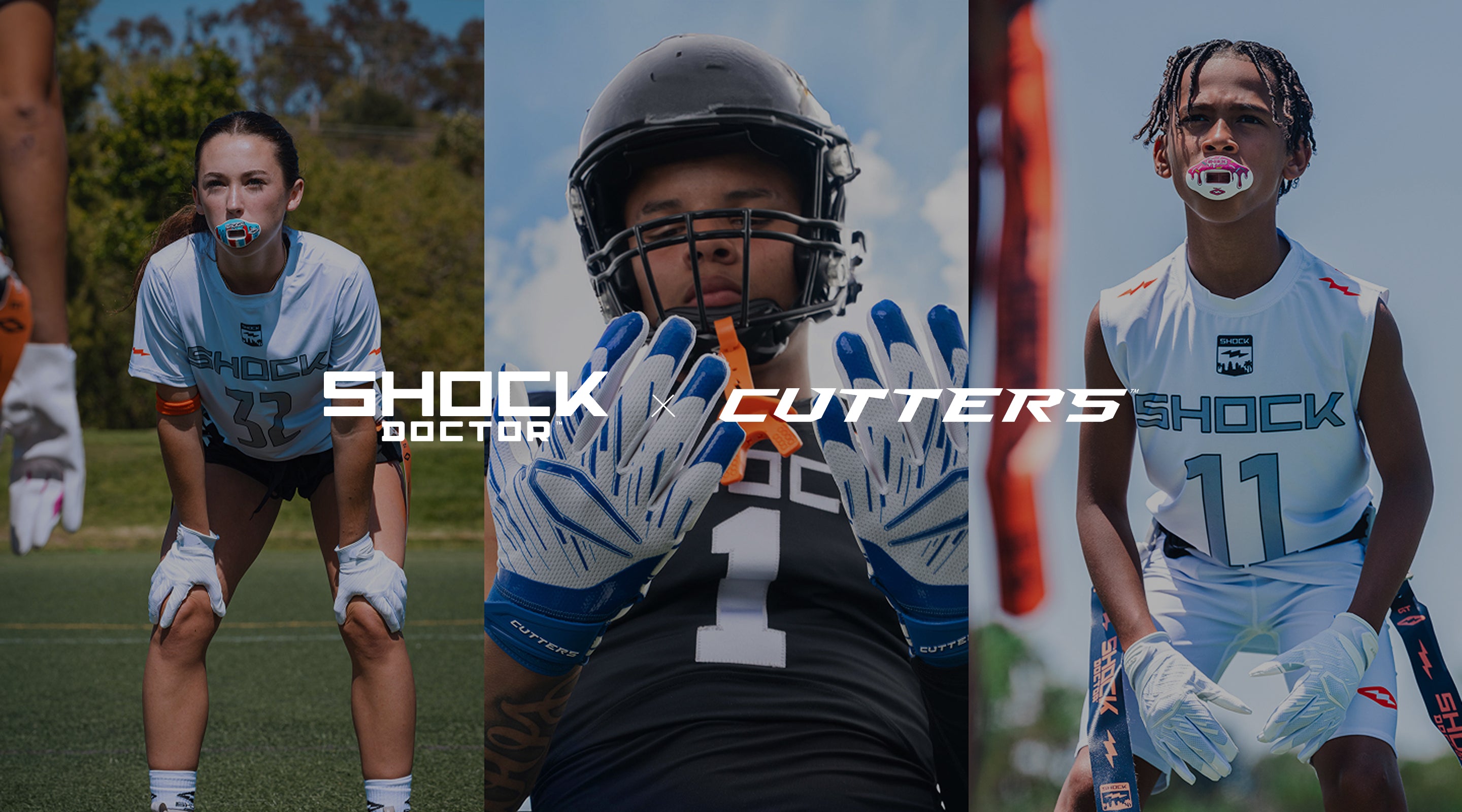 Collage of football players with 'Shock Doctor' and 'Cutters' branding.