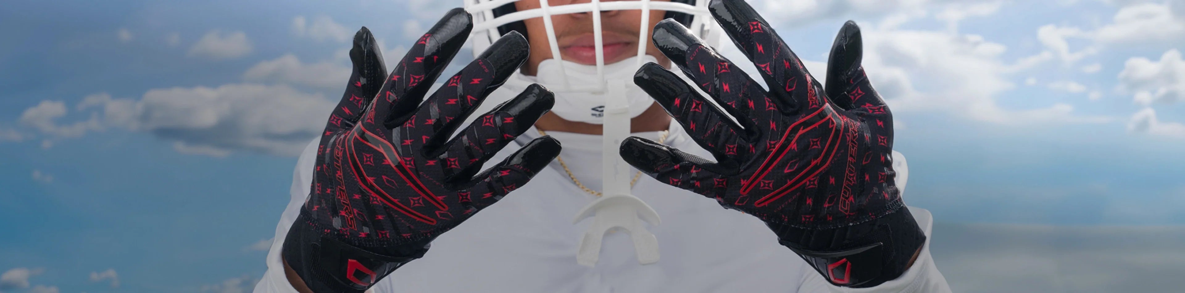 Header image for the 'Limited Edition Lux Gloves' Collection by Cutters Sports. A football player in white gear showcases premium black gloves with red pattern detailing, framed against a bright sky.