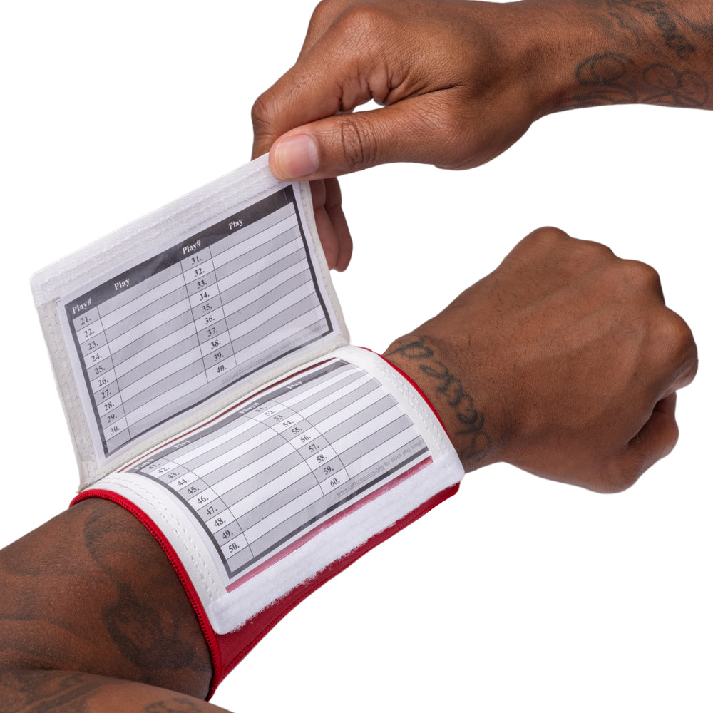 Cutters Triple Play Wristcoach opened displaying a play call sheet on athlete's arm