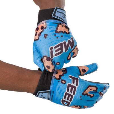 Cutters Sports Feed Me Rev Pro 5.0 Limited-Edition Receiver Football Gloves - Blue - Football Player Pulling Glove Over Wrist for Better Fit