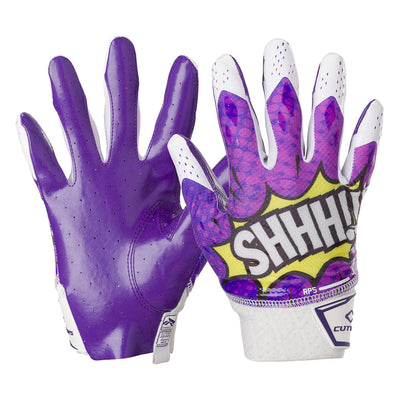 Cutters Sports SHH! Rev Pro 5.0 Limited-Edition Receiver Football Gloves - Purple/White - Front and Back of Glove