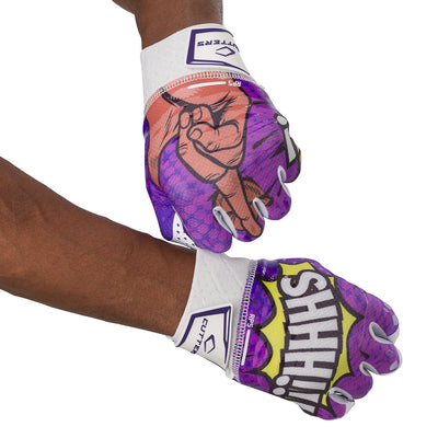 Cutters Sports SHH! Rev Pro 5.0 Limited-Edition Receiver Football Gloves - Purple/White - Football Player Pulling Glove Over Wrist for Better Fit