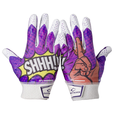 Cutters Sports SHH! Rev Pro 5.0 Limited-Edition Receiver Football Gloves - Purple/White - Print Design on Back of Hand (Left & Right)