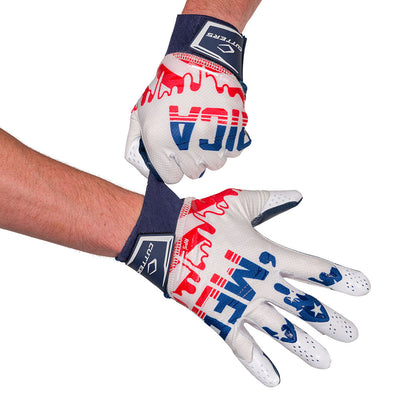 Cutters Sports 'Merica Rev Pro 5.0 Limited-Edition Receiver Football Gloves - White/Blue/Red - Football Player Pulling Glove Over Wrist for Better Fit
