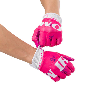 Cutters Sports Hi Mom Rev 5.0 Limited-Edition Youth Football Receiver Gloves - Pink - Football Player Pulling Glove Over Wrist for Better Fit