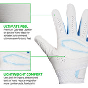 ULTIMATE FEEL - Premium Cabretta Leather on back of hand ideal for athletes who demand ultimate comfort and feel;

LIGHTWEIGHT COMFORT - Less bulk in fingers, streamlined back of hand reduce weight for more comfortable, flexible fit