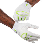 Cutters Rev X Elite Receiver Gloves - White/Shock Green - Football Player Pulling Glove Over Wrist for Better Fit