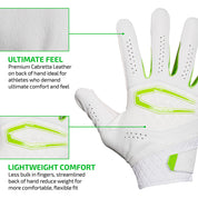 ULTIMATE FEEL - Premium Cabretta Leather on back of hand ideal for athletes who demand ultimate comfort and feel;

LIGHTWEIGHT COMFORT - Less bulk in fingers, streamlined back of hand reduce weight for more comfortable, flexible fit