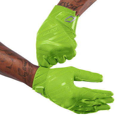 Cutters Sports Rev Pro 6.0 Solid Receiver Football Gloves - Shock Green - Football Player Pulling Glove Over Wrist for Better Fit