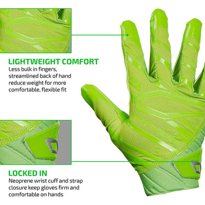 Rev Pro 6.0 (Shock Green) Tech Features 1) LIGHTWEIGHT COMFORT: Less bulk in fingers, streamlined back of hand reduce weight for more comfortable, flexible fit. 2) LOCKED IN: Neoprene wrist cuff and strap closure keep gloves firm and comfortable on hands.