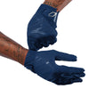 Cutters Sports Rev Pro 6.0 Solid Receiver Football Gloves - Navy Blue - Football Player Pulling Glove Over Wrist for Better Fit