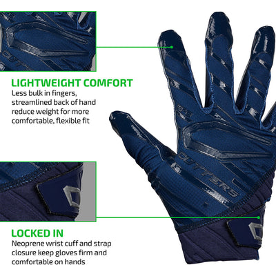 Rev Pro 6.0 (Navy Blue) Tech Features 1) LIGHTWEIGHT COMFORT: Less bulk in fingers, streamlined back of hand reduce weight for more comfortable, flexible fit. 2) LOCKED IN: Neoprene wrist cuff and strap closure keep gloves firm and comfortable on hands.