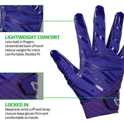 Rev Pro 6.0 Tech Features (Purple) 1) LIGHTWEIGHT COMFORT: Less bulk in fingers, streamlined back of hand reduce weight for more comfortable, flexible fit. 2) LOCKED IN: Neoprene wrist cuff and strap closure keep gloves firm and comfortable on hands.