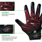 FLEXIBLE - Lightweight, streamlined back of hand;

LOCKED IN - Neoprene wrist cuff and strap closure keep gloves firm and comfortable on hands