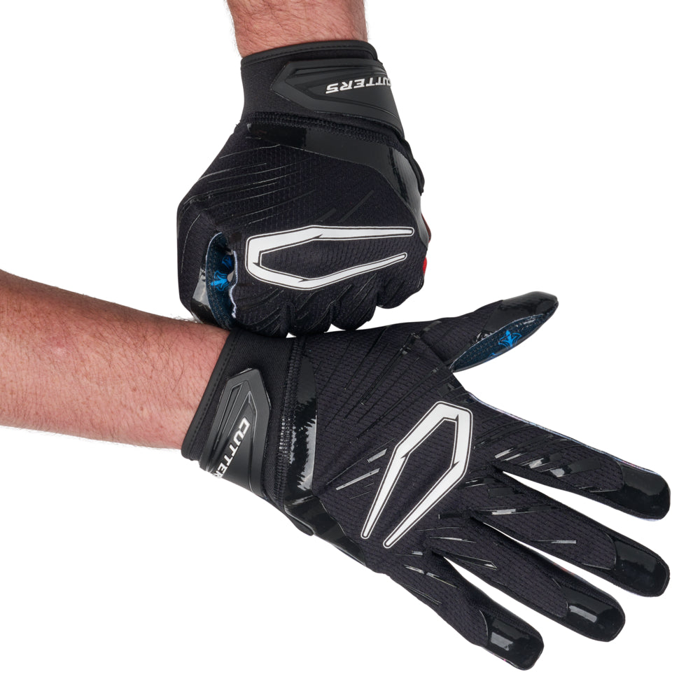 Cutters Divine Drip Game Day Pro Limited-Edition Receiver Gloves pair shown flat, displaying multicolor cross pattern silicone palm grip alongside black backhand with white Cutters C-shield logo