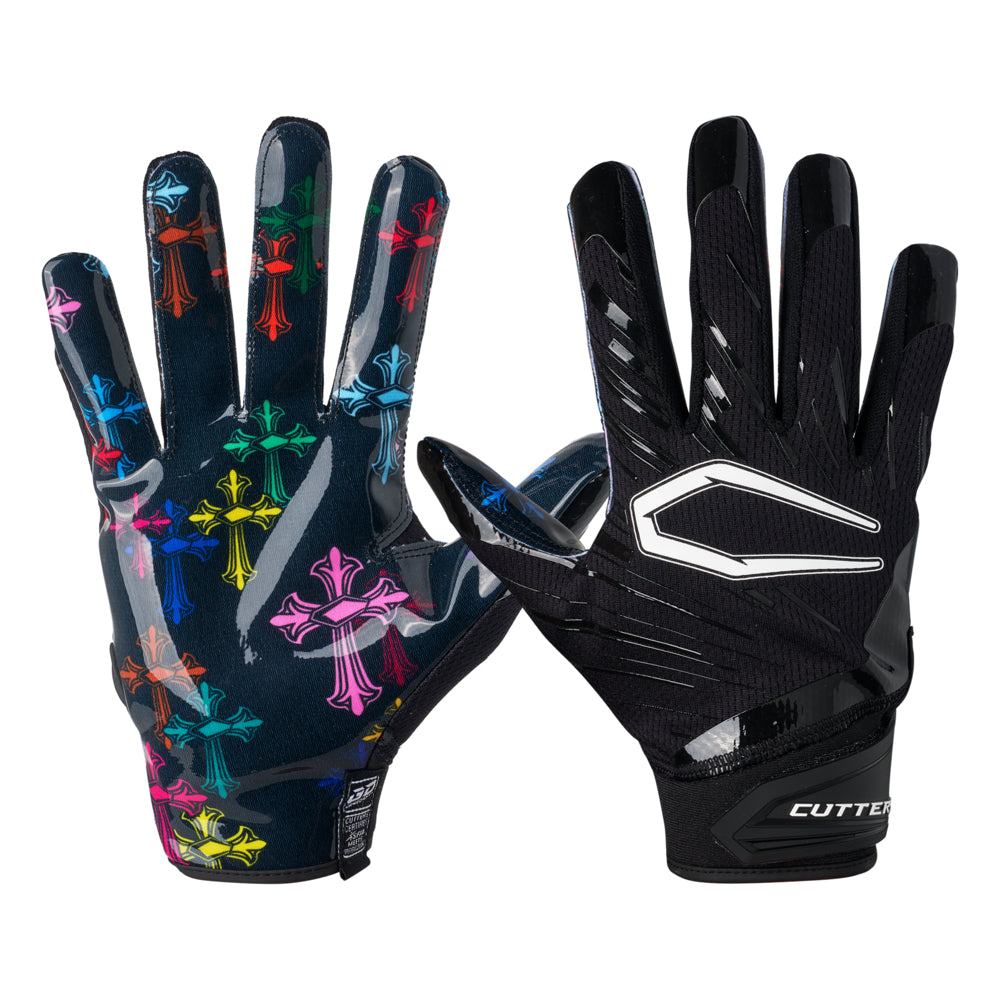 Cutters Divine Drip Game Day Pro Limited-Edition Receiver Gloves shown on both hands in action pose, displaying black backhand design with white Cutters C-shield logo and neoprene wrist cuff