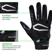 Cutters Divine Drip Game Day Pro Limited-Edition Receiver Gloves backhand view highlighting Flexible lightweight streamlined construction and Locked In neoprene wrist cuff with strap closure