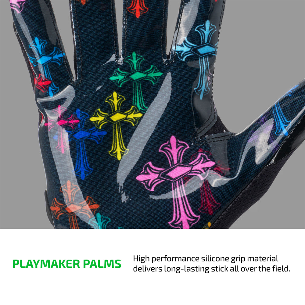 Cutters Divine Drip Game Day Pro Limited-Edition Receiver Gloves Playmaker Palms closeup showing high-performance silicone grip with multicolor cross pattern graphic in pink, blue, green, yellow, and red