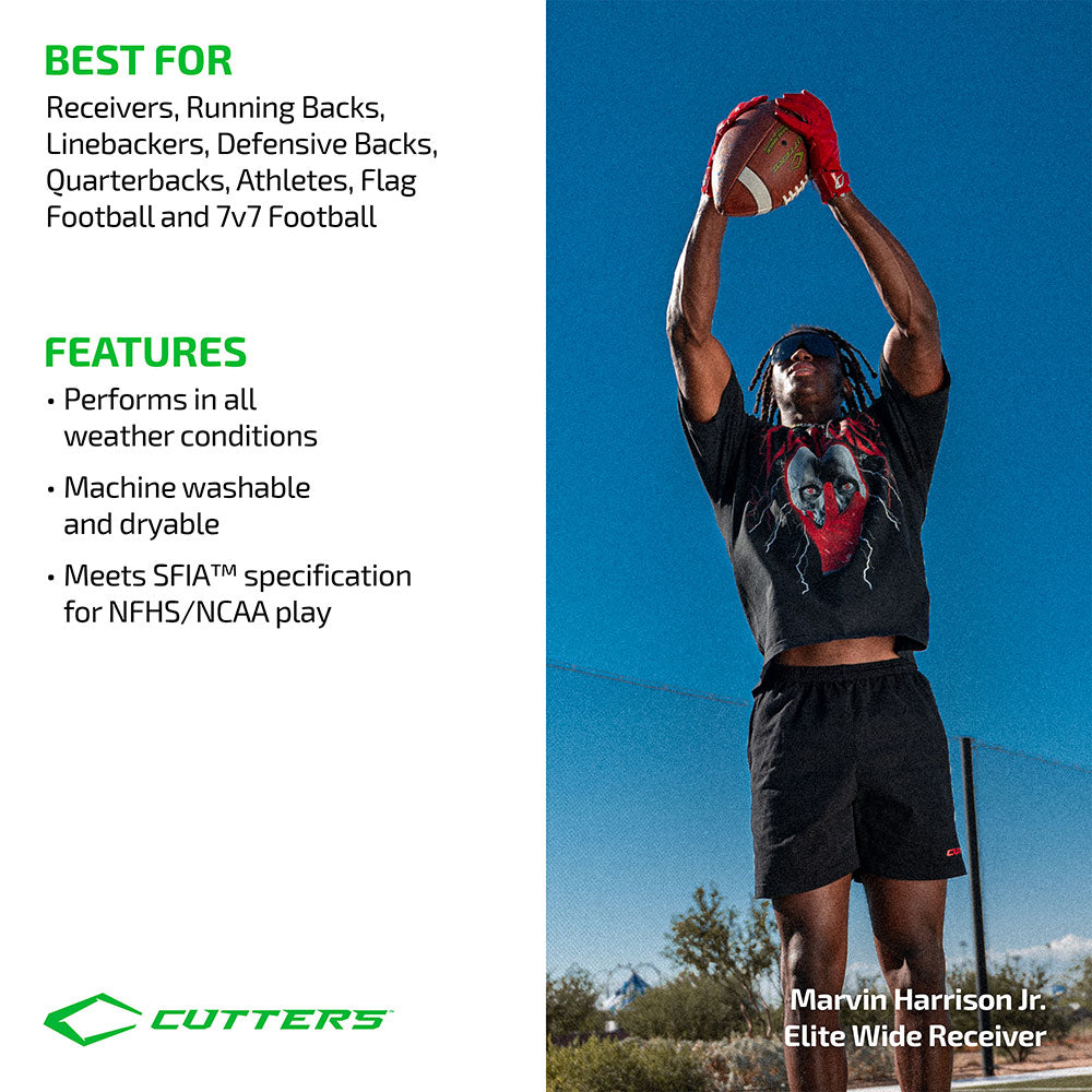 Athlete Marvin Harrison Jr., elite wide receiver, jumping to catch a football with red Cutters GameDay Pro LE gloves on an outdoor court. Graphic lists the gloves as best for receivers, running backs, linebackers, defensive backs, quarterbacks, flag football and 7v7 football, and highlights features including all-weather grip, machine-washable materials, and SFIA specification for NFHS/NCAA play.