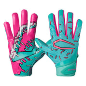 Cutters Sports Game Day Pro LE Receiver Football Gloves - Teal/Pink Sprinkle Drip - Front and Back of Glove