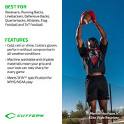 Athlete Marvin Harrison Jr., elite wide receiver, jumping to catch a football with red Cutters GameDay Pro LE gloves on an outdoor court. Graphic lists the gloves as best for receivers, running backs, linebackers, defensive backs, quarterbacks, flag football and 7v7 football, and highlights features including all-weather grip, machine-washable materials, and SFIA specification for NFHS/NCAA play.