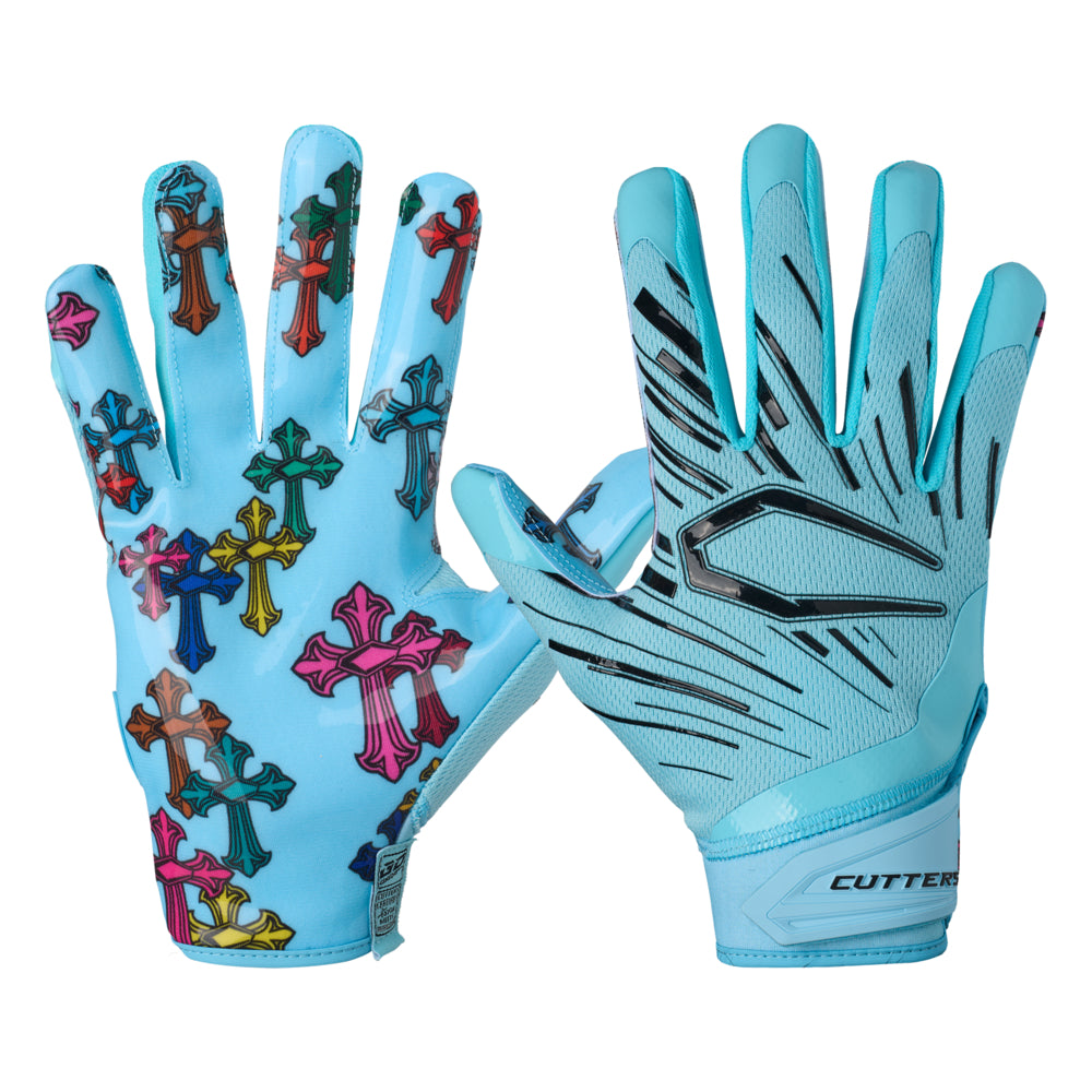 Cutters Divine Drip Game Day Pro Limited-Edition Receiver Gloves shown on both hands in action pose, displaying light blue backhand design with black C-shield logo accents and neoprene wrist cuff
