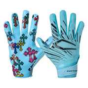 Cutters Divine Drip Game Day Pro Limited-Edition Receiver Gloves shown on both hands in action pose, displaying light blue backhand design with black C-shield logo accents and neoprene wrist cuff