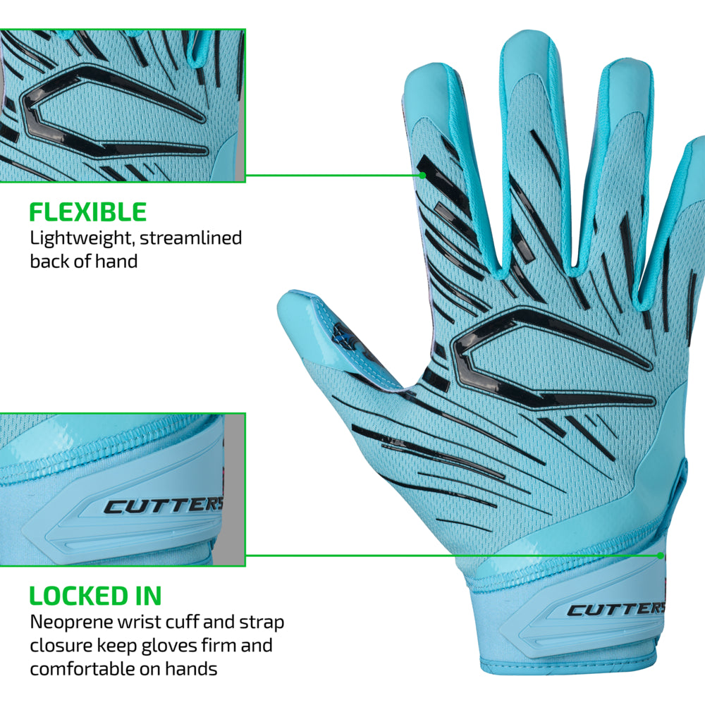 Cutters Divine Drip Game Day Pro Limited-Edition Receiver Gloves backhand view highlighting Flexible lightweight streamlined construction and Locked In neoprene wrist cuff with strap closure