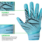 Cutters Divine Drip Game Day Pro Limited-Edition Receiver Gloves backhand view highlighting Flexible lightweight streamlined construction and Locked In neoprene wrist cuff with strap closure