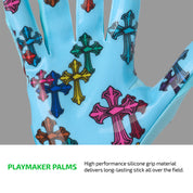 Cutters Divine Drip Game Day Pro Limited-Edition Receiver Gloves Playmaker Palms closeup showing high-performance silicone grip with multicolor cross pattern graphic in pink, blue, green, yellow, and orange