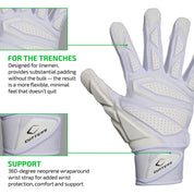 FOR THE TRENCHES - Designed for linemen, provides substantial padding without the bulk — the result is a more flexible, minimal feel that doesn't quit;

SUPPORT - 360-degree neoprene wraparound wrist strap for added wrist protection, comfort and support